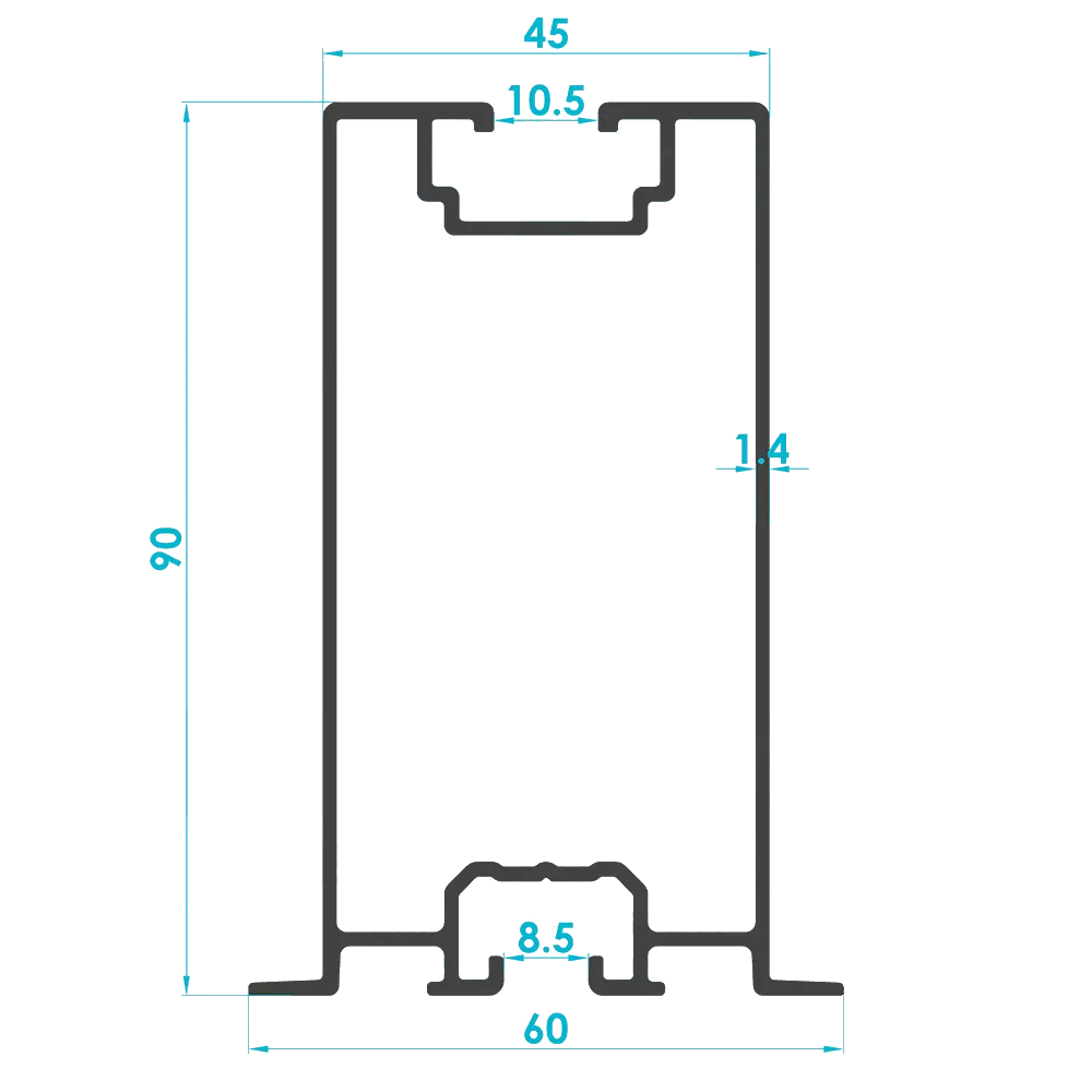 Solar Mounting Support Leg Profile 90mm (Code: 2058) — Engineering Section Drawing | SolarAlu Global
